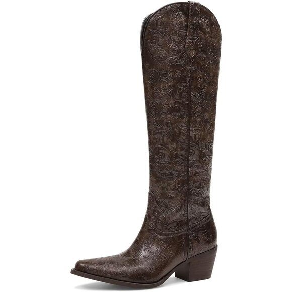 Shoes - Women Brown Boots Embossed Knee High Western Boots Pointed Toe Comfortable